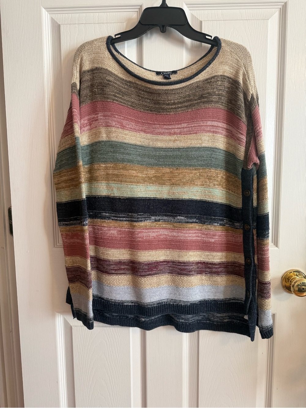 Chaps Multi-Stripe Crewneck Sweater in Pink, Navy, Green & Tan